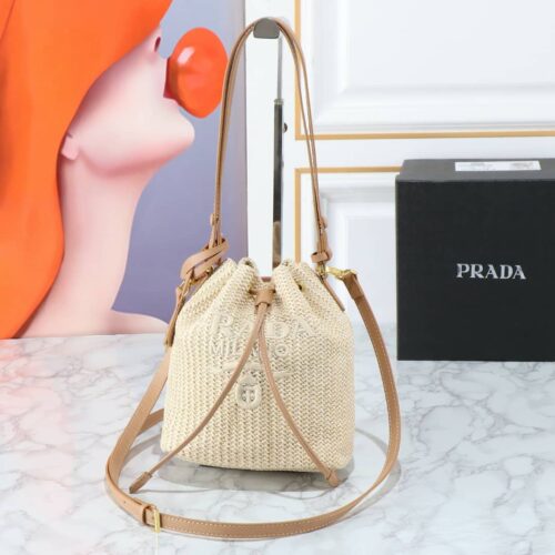 Alternative view of Prada Mini Crochet And Leather Bucket Bag Natural 24Cm 1Be068 2M2T F0018 V Ouo