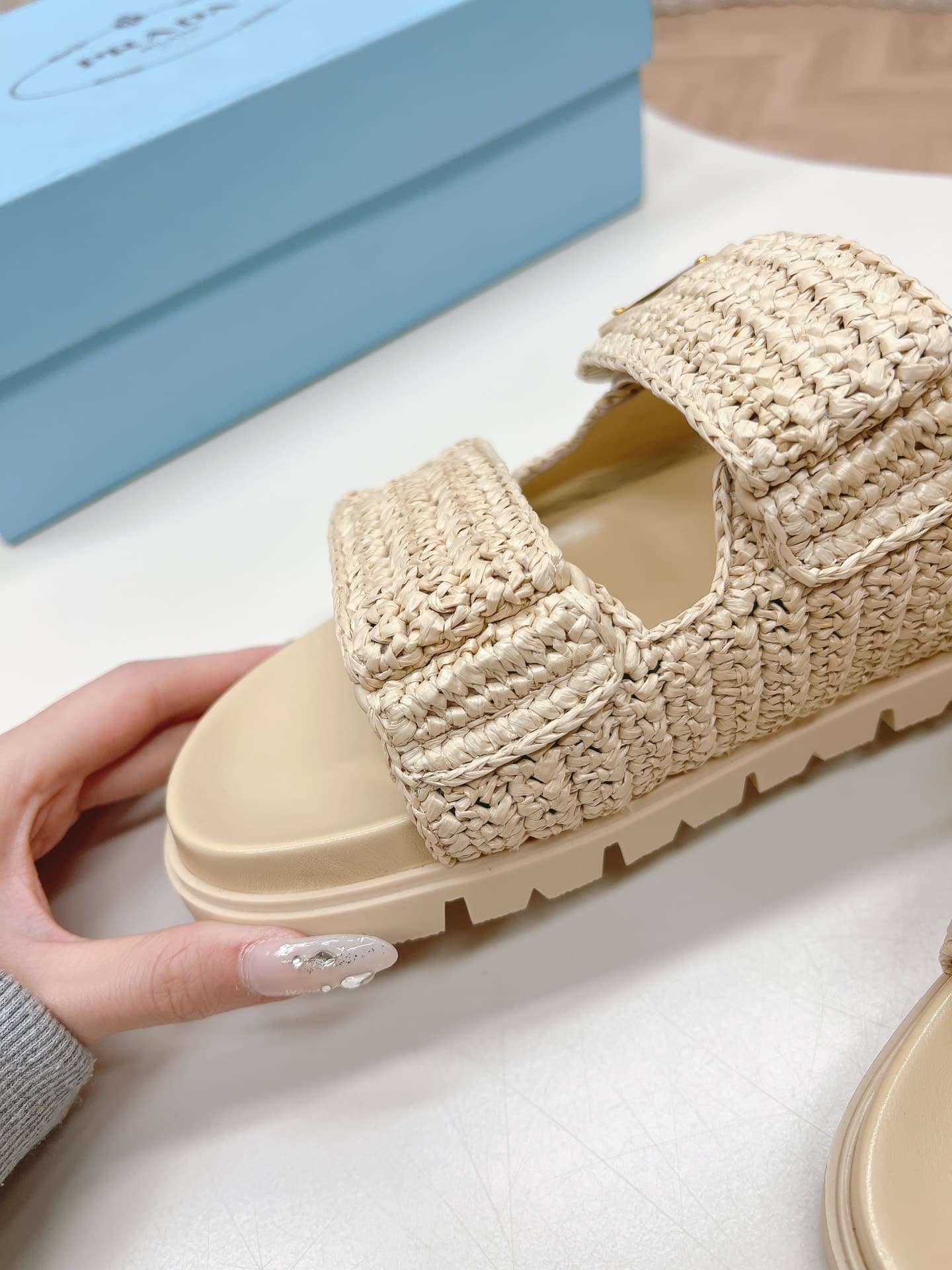 Prada Raffia Slide Sandals Beige 1Xx699 F020 2C2T F0018 - Image 6