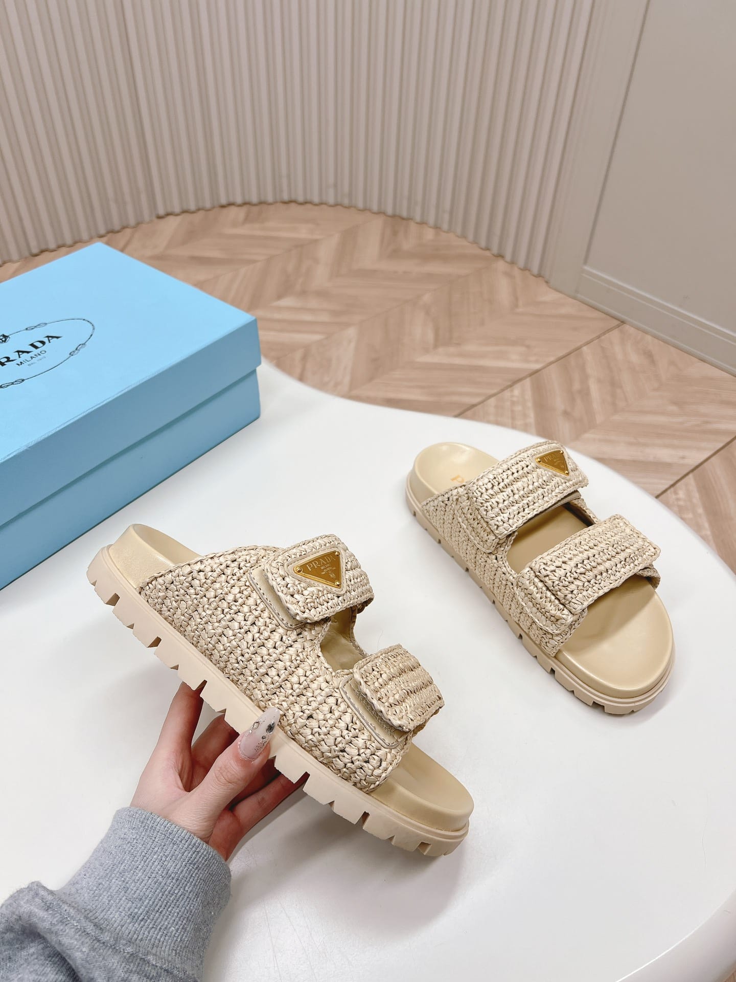 Prada Raffia Slide Sandals Beige 1Xx699 F020 2C2T F0018 - Image 4