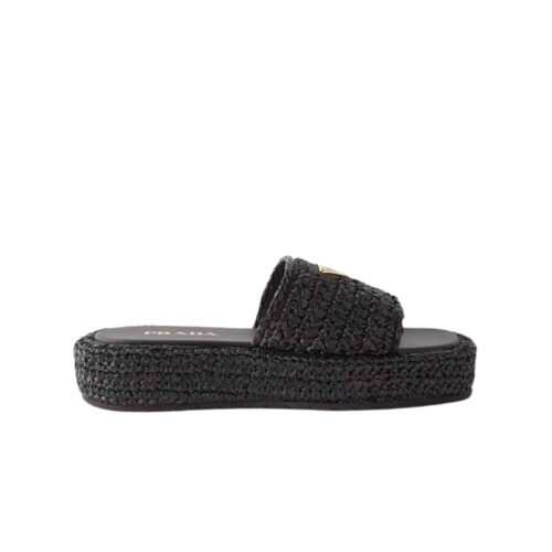 Prada Natural Crochet Platform Slides Silver Hardware Black