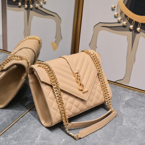 Alternative view of Saint Laurent Envelope Medium Matelassé Grain De Poudre Shoulder Bag Dark Beige 24Cm