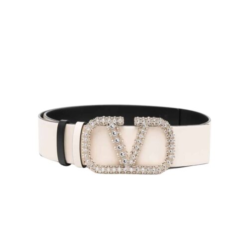 Valentino Garavani VLogo Signature Belt In White With Crystals 30mm 6W2T0SM9GBI QXN