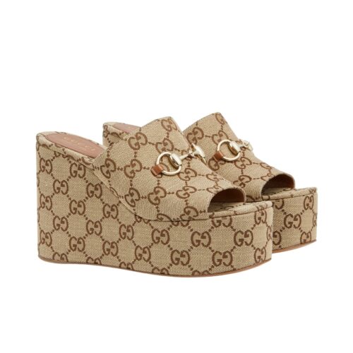 Gucci Women's Wedge Sandal With Horsebit Beige 816328 Fab10 2547