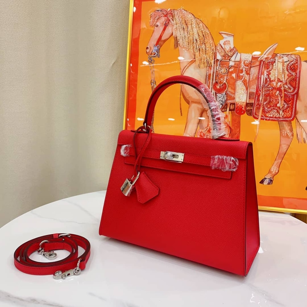 Hermes Kelly Sellier 25 Epsom Silver-tone Hardware Handbag Rouge Casaque 25Cm - Image 6