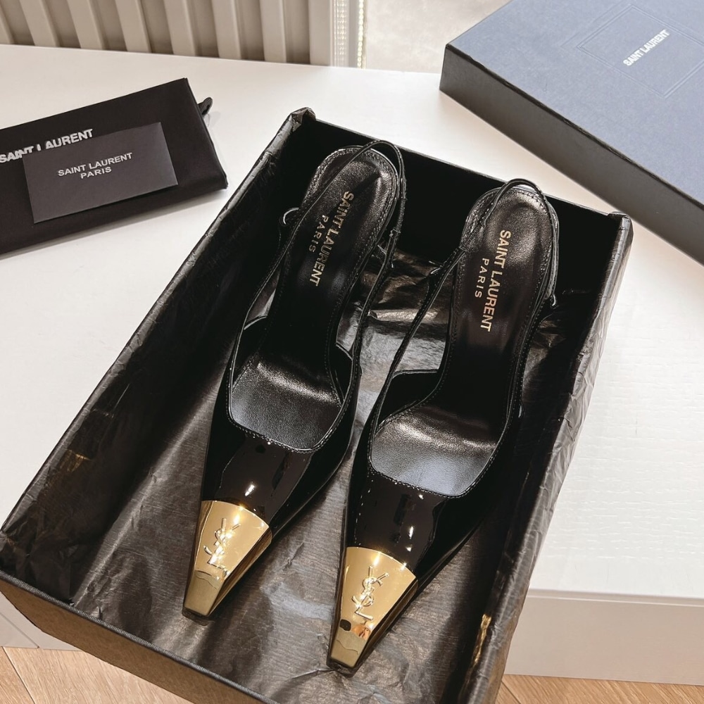 Saint Laurent Jeanne Slingback Pumps Patent Leather Black Gold 800164AADX21000 - Image 7