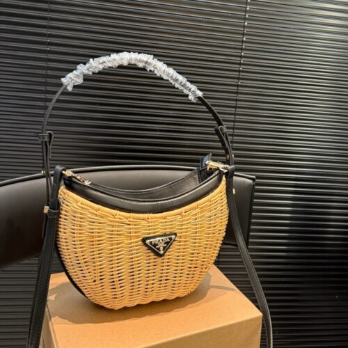 Alternative view of Prada Wicker And Leather Arqué Bag Beige And Black 22Cm 1Bc202 2Cyf F0I55 V Ooo