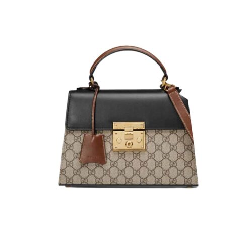 Gucci Paddle Lock GG Supreme Canvas Top Handle Bag Black And Beige 28Cm
