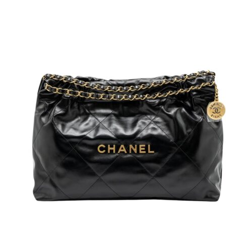 Chanel 22 East West Large  Shiny Smooth leather Tote Bag Black 39cm