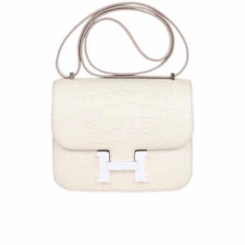 Hermes Constance 19 Mini Shiny Alligator Palladium Hardware Crossbody Bag White 19Cm