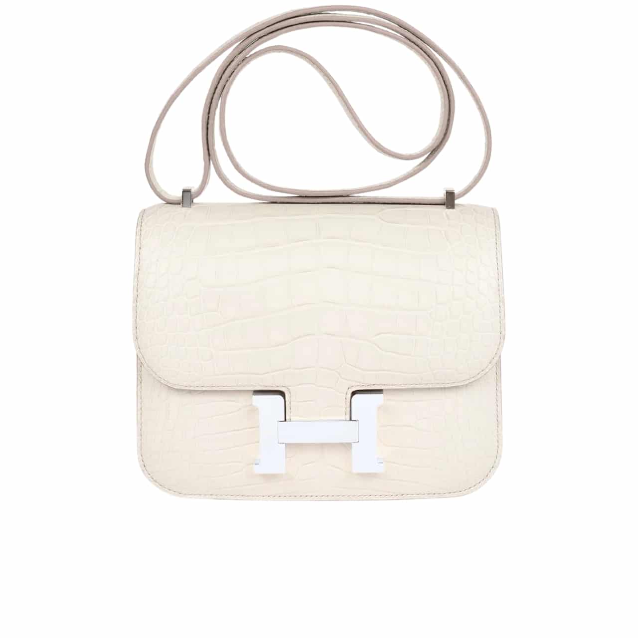 Hermes Constance 19 Mini Shiny Alligator Palladium Hardware Crossbody Bag White 19Cm