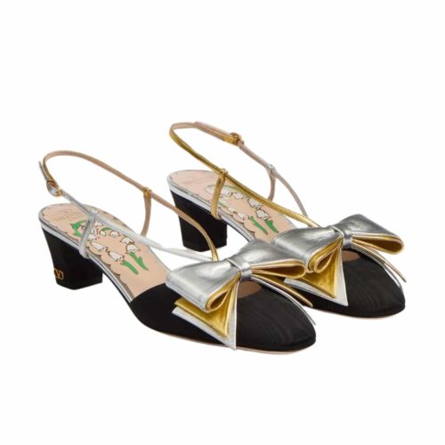 Valentino Bowow Slingback Pumps In Moire Fabric 45mm Black Silver 7W2S0LB6QLJ R1V