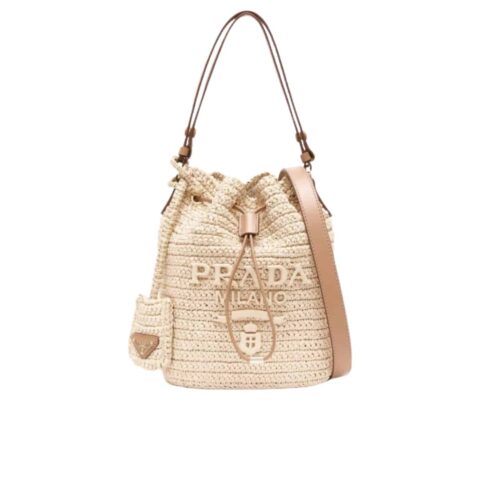 Prada Mini Crochet And Leather Bucket Bag Natural 24Cm 1Be068 2M2T F0018 V Ouo