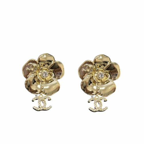 Chanel Camellia Dangle Earrings Crystals Metal Gold
