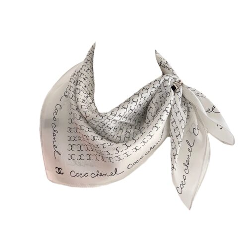 Chanel Coco Signature Square Scarf Silk Twill White Black 70cm