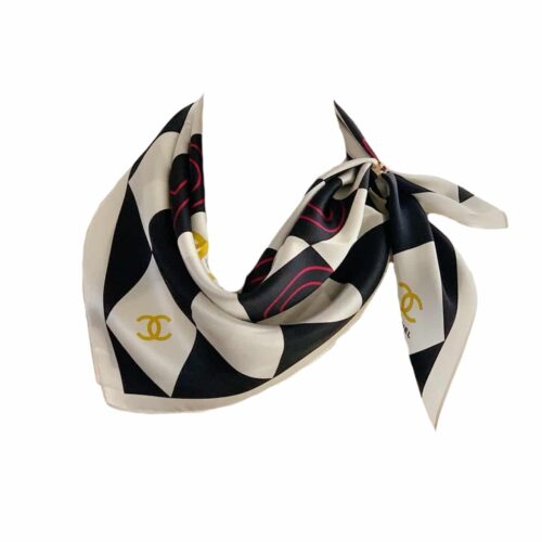 Chanel Argyle Coco Letters Square Scarf Silk Twill Black White 70cm