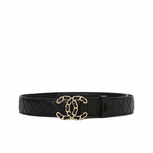 Chanel Belt Interwoven Chain Quilted Leather Gold Black 28mm