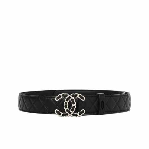 Chanel Belt Interwoven Chain Quilted Leather Silver Black 28mm