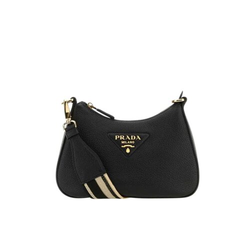 Prada Grained Leather Hobo Bag Black 23Cm