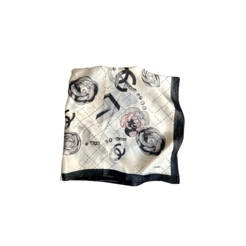 Chanel Camellia CC Grid Square Scarf Silk Twill White 90cm