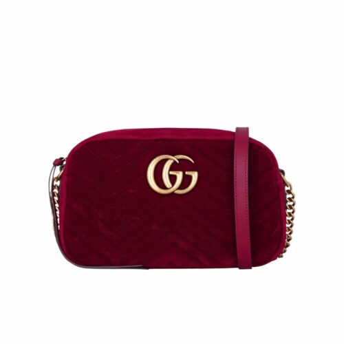 Gucci Small GG Marmont Velvet Shoulder Bag Wine Red 23Cm