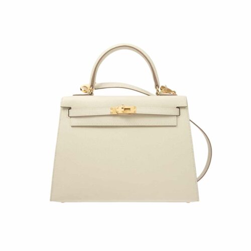 Hermes Kelly Sellier Epsom Gold Hardware Handbag White 25Cm