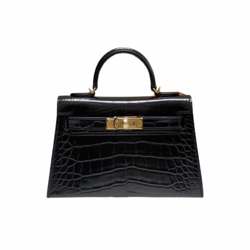 Hermes Kelly Mini Crocodile Gold-tone Hardware Handbag Black 19Cm