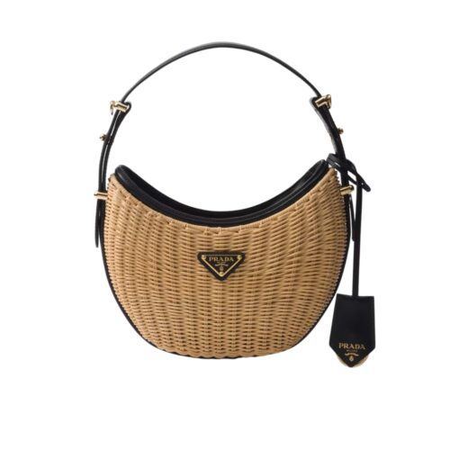 Prada Wicker And Leather Arqué Bag Beige And Black 22Cm 1Bc202 2Cyf F0I55 V Ooo