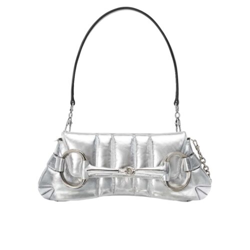 Gucci Horsebit Small Leather Shoulder Bag Silver 27Cm