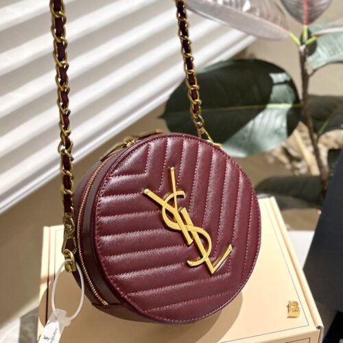 Alternative view of Saint Laurent Vinyle Chevron Quilted Grain De Poudre Embossed Leather Round Camera Bag Red 18Cm