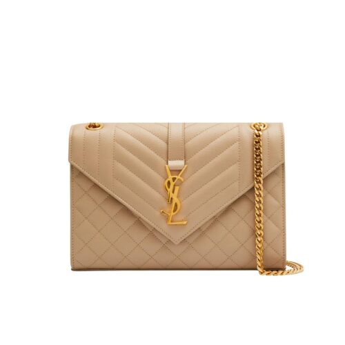 Saint Laurent Envelope Medium Matelassé Grain De Poudre Shoulder Bag Dark Beige 24Cm