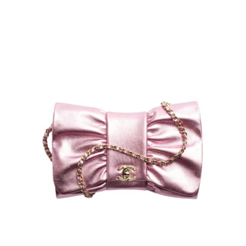 Chanel Bow Small Metallic Smooth Leather Clutch Bags Pink 24cm AS5129 B18041 NZK53