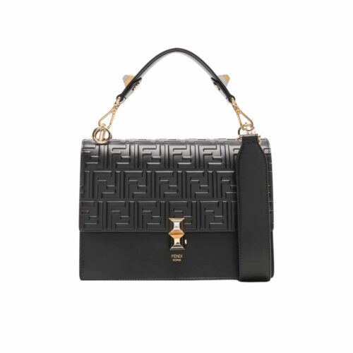 Fendi Kan I Medium Logo Embossed Leather Shoulder Bag Black 24Cm