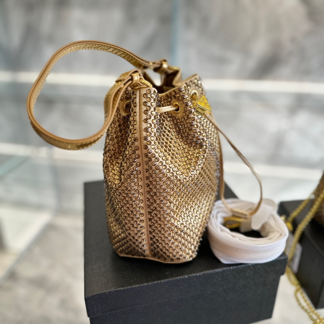 Prada Satin Crystals Bucket Bag Gold 20Cm 1Nr016 2Awl F0522 - Image 3