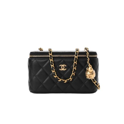 Chanel Pearl Crush Small Smooth Leather Vanity Case Bag Black 17cm