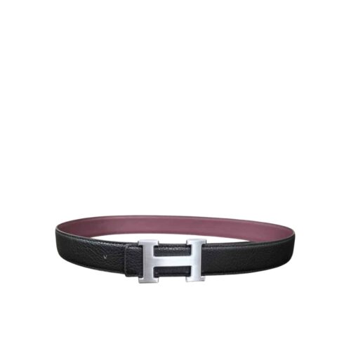 Hermes H Buckle Reversible Leather Belt Black Silver 25mm