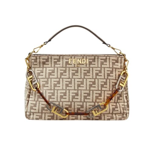 Fendi O Lock Zip FF Tapestry Fabric Shoulder Bag Dove Brown 35Cm 8BR805ALFVF1IQU
