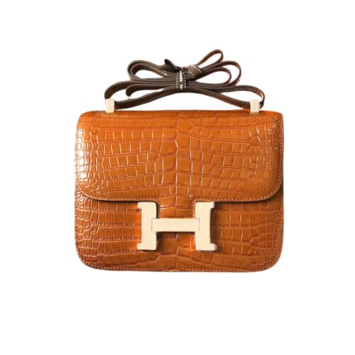 Hermes Constance 19 Mini Shiny Alligator Palladium Hardware Crossbody Bag Gold 19Cm