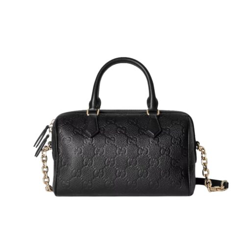 Gucci GG Emblem Small Leather Top Handle Bag Black 22Cm