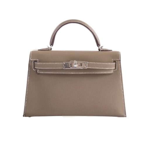 Hermes Kelly 20 Mini Epsom Leather Silver-Tone Hardware Handle Bag Etoupe 20cm