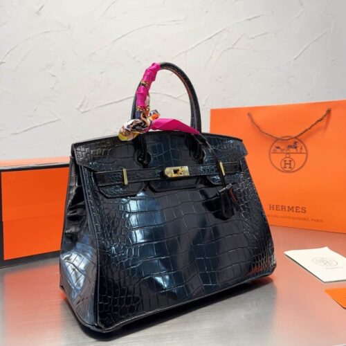 Alternative view of Hermes Birkin 30 Shiny Porosus Crocodile Handbag Black Noir 30Cm