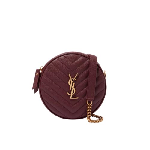 Saint Laurent Vinyle Chevron Quilted Grain De Poudre Embossed Leather Round Camera Bag Red 18Cm