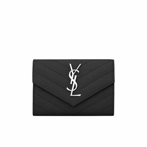 Saint Laurent Cassandre Matelassé Small Envelope In Grain De Poudre Leather Silver Hardware Wallet Black 13Cm 414404Bow021000
