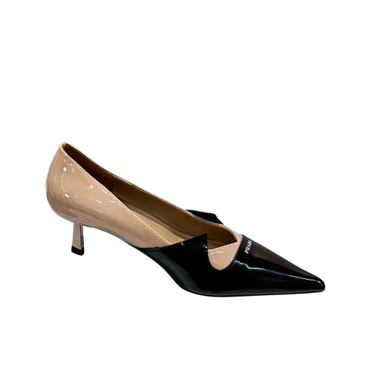 Prada Two Tone Patent Leather Pump Black And Beige