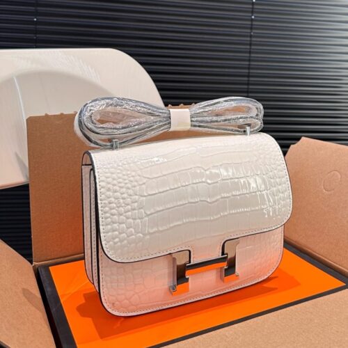 Alternative view of Hermes Constance 19 Mini Shiny Alligator Palladium Hardware Crossbody Bag White 19Cm
