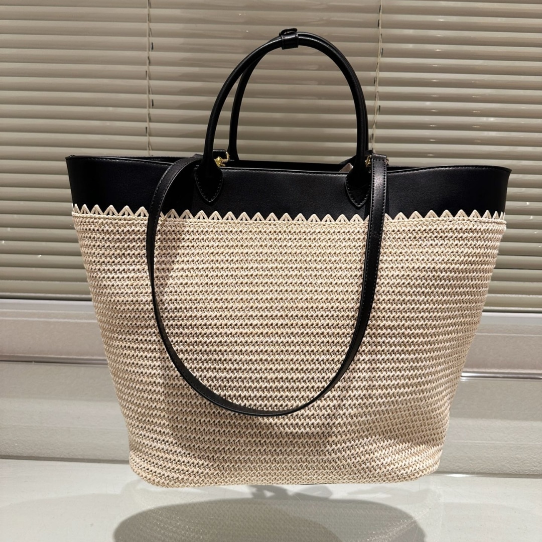 Prada Medium Crochet And Leather Tote Bag Tan And Black 33Cm 1Bg499 2M2Q F0I55 V Goo - Image 3