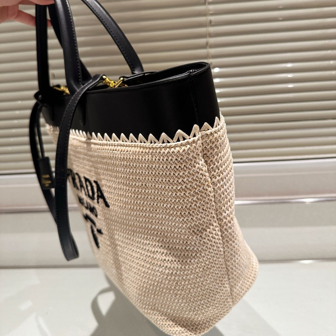 Prada Medium Crochet And Leather Tote Bag Tan And Black 33Cm 1Bg499 2M2Q F0I55 V Goo - Image 4