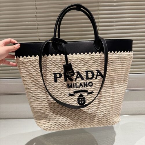 Alternative view of Prada Medium Crochet And Leather Tote Bag Tan And Black 33Cm 1Bg499 2M2Q F0I55 V Goo