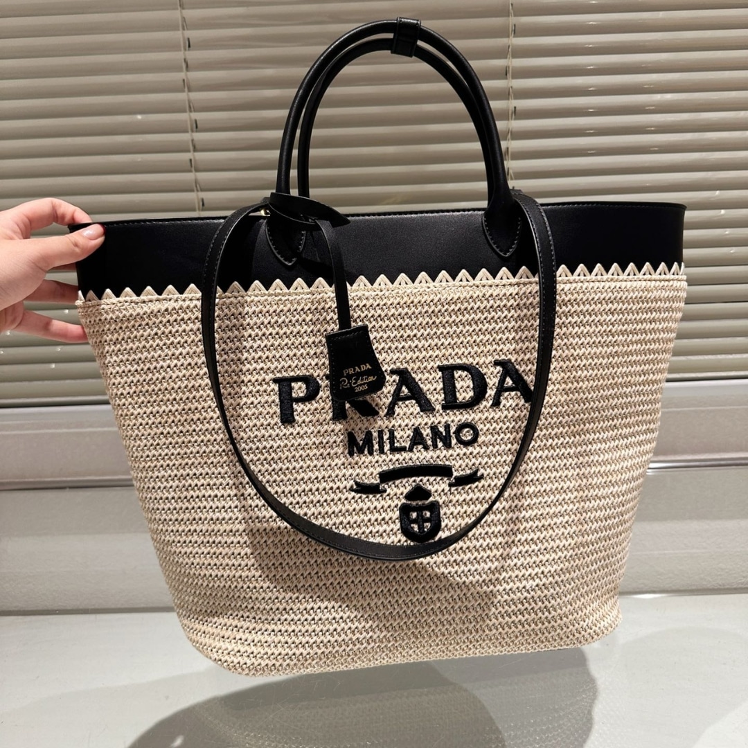 Prada Medium Crochet And Leather Tote Bag Tan And Black 33Cm 1Bg499 2M2Q F0I55 V Goo - Image 2