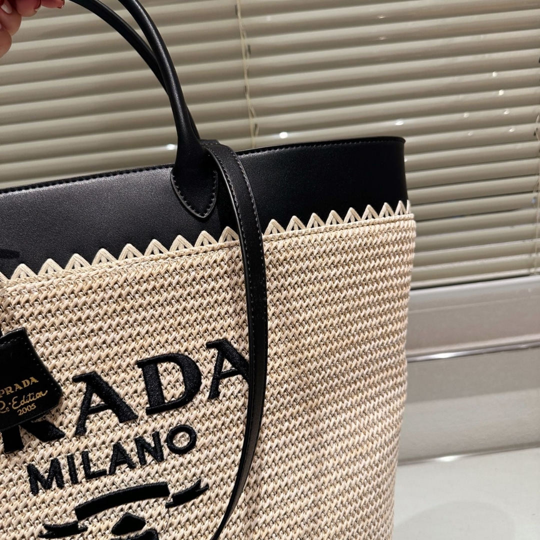 Prada Medium Crochet And Leather Tote Bag Tan And Black 33Cm 1Bg499 2M2Q F0I55 V Goo - Image 5