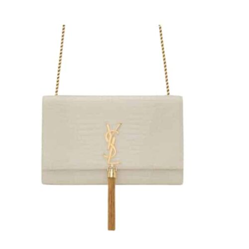 Saint Laurent Kate Medium Chain Bag With Tassel In Crocodile-Embossed Shiny White 354119Dnd0J9207